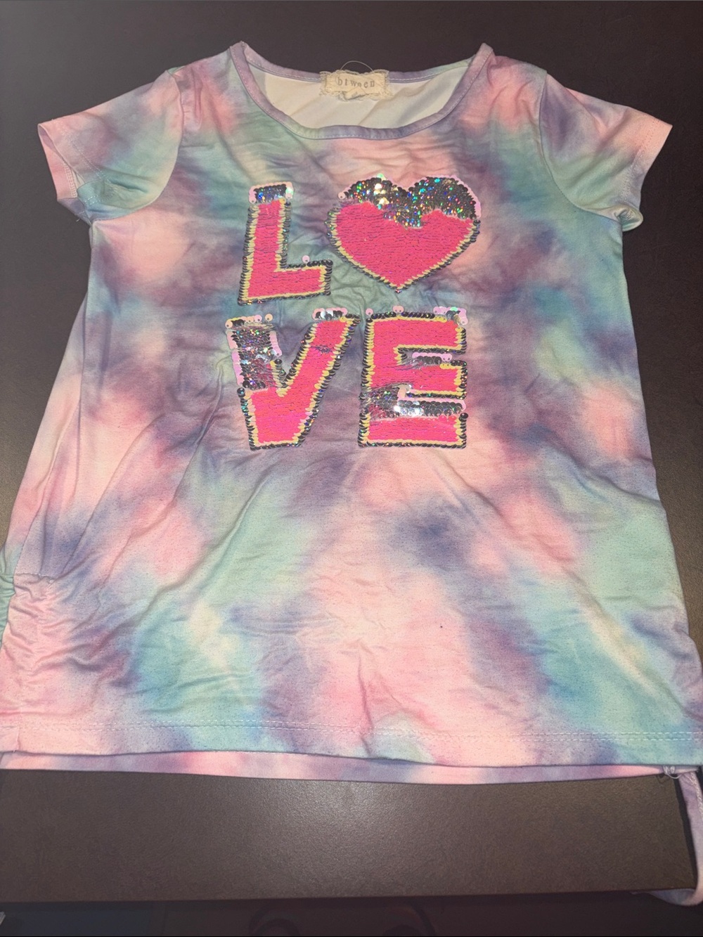 btween Pastel Tie-Dye Short Sleeve Tee with Pink Sequin LOVE